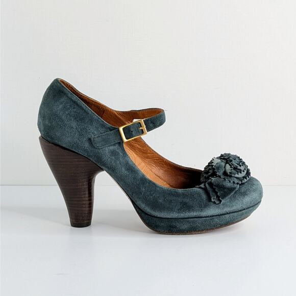 Chie Mihara Mary Jane Platform Heels 37 Blue Suede Floral Retro Glam Pinup - Picture 10 of 16